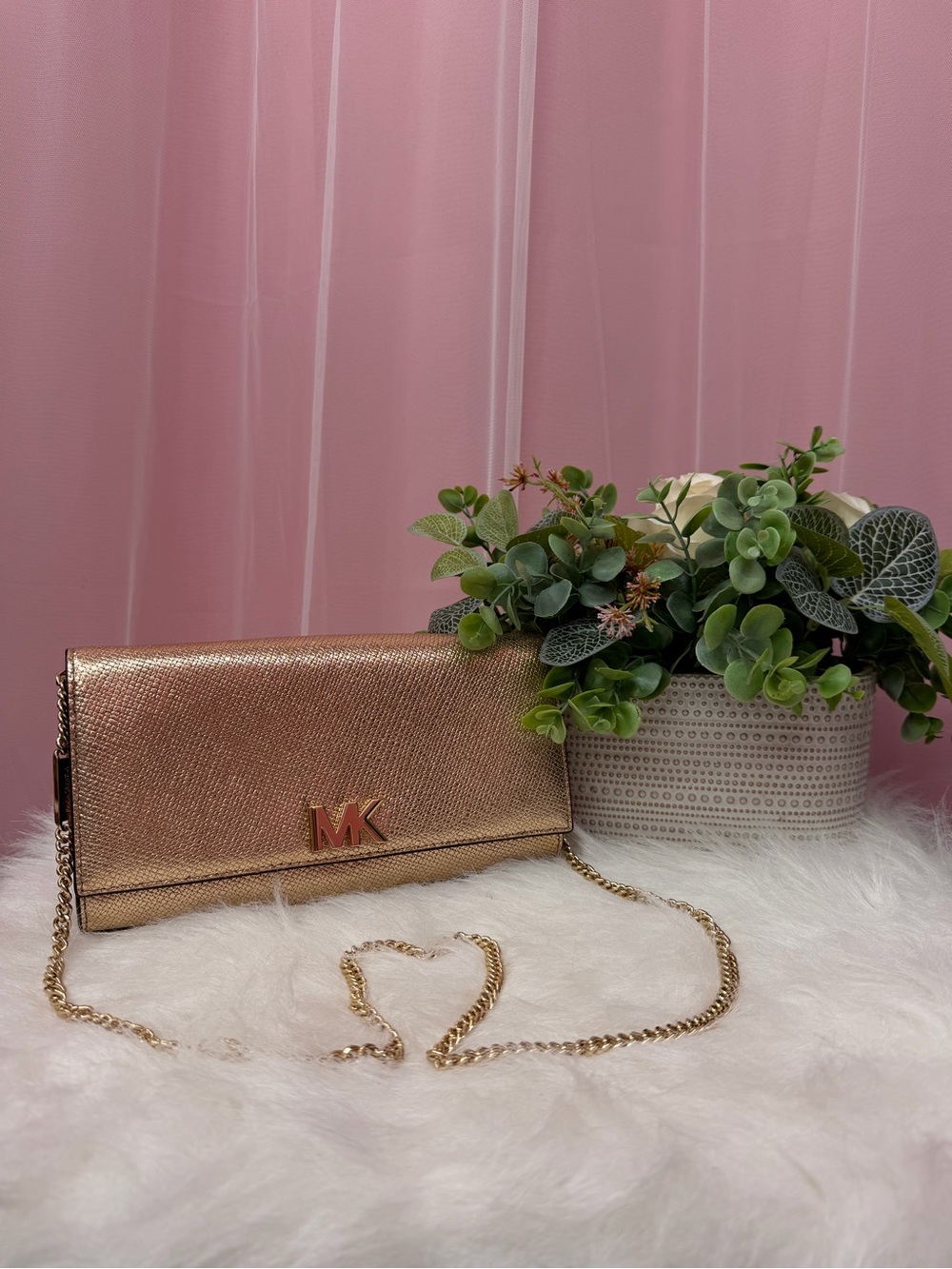 Michael Kors Metallic Rose Gold Chain Wallet Clutch